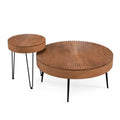 Boho Farmhouse Round Coffee Table Set of 2, Solid Pine Wood Nesting End Table with Metal Legs, Adjustable Foot Pads for Living Room