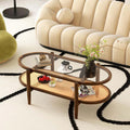 2-Tier Oval Boho Coffee Table with Tempered Glass Top, Rattan Shelf & Acacia Wood Frame, Mid Century Modern Center Table for Living Room Office