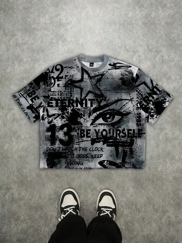 Manfinity ZONE917 Men's Street Style Loose Graffiti Oversized Print Short Sleeve T-Shirt