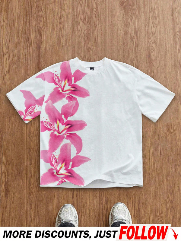 Manfinity Joysei Men's White And Pink Plant & Floral Tie-Dye Digital Print Regular Fit Short Sleeve T-Shirt,Summer,Casual,Streetwear,City Break Graphic Tee Tshirt