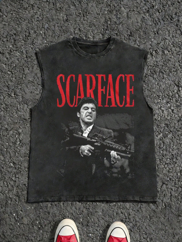 Men's Printed Vintage Washed Vest, Loose Fit, Casual Street Style, An Essential Everyday Item