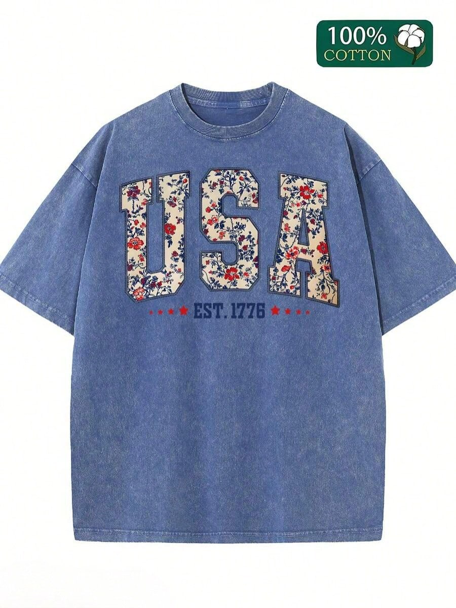 Women's Washed T-Shirts, USA Printed Soft And Breathable, Simple And Versatile, Independence Day, Fireworks To Celebrate God Bless America, I Love This Land, And The National Flag Can Be Used As A Gift