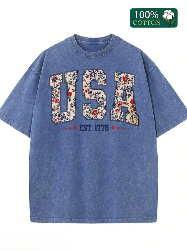 Women's Washed T-Shirts, USA Printed Soft And Breathable, Simple And Versatile, Independence Day, Fireworks To Celebrate God Bless America, I Love This Land, And The National Flag Can Be Used As A Gift