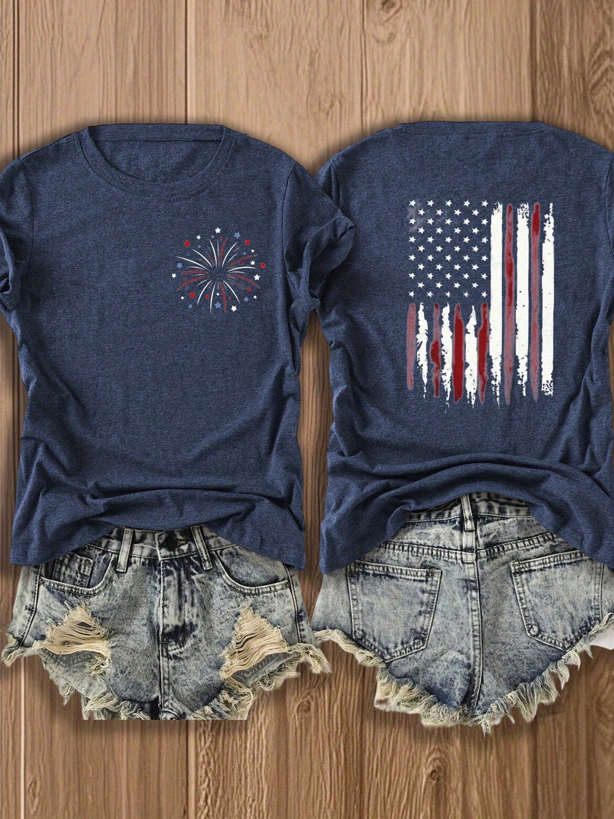 Women's Patriotic Fireworks & Flag Print Blended T-Shirt, Double-Sided Design, Casual Fashion Tee For Independence Day Celebrations, Holiday Style Graphic Tops