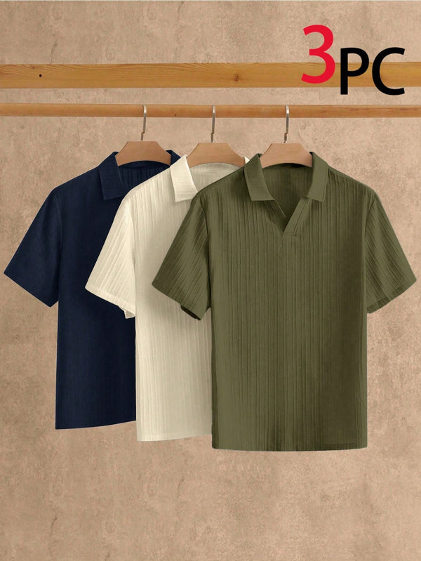 Manfinity VCAY 3pcs Pack Men's Minimalist Silky Short Sleeve Polo Shirt, Summer Plain Tops 3 Pcs Plain Shirt For Men Plain T Shirts Polo Blouse For Men, Vacation, Father's Day Gifts
