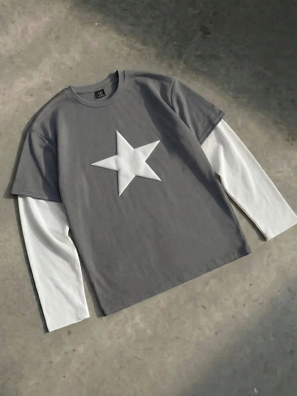 SWAVVY Men's Casual Star Print Round Neck Long Sleeve T-Shirt, Suitable For Spring And Autumn