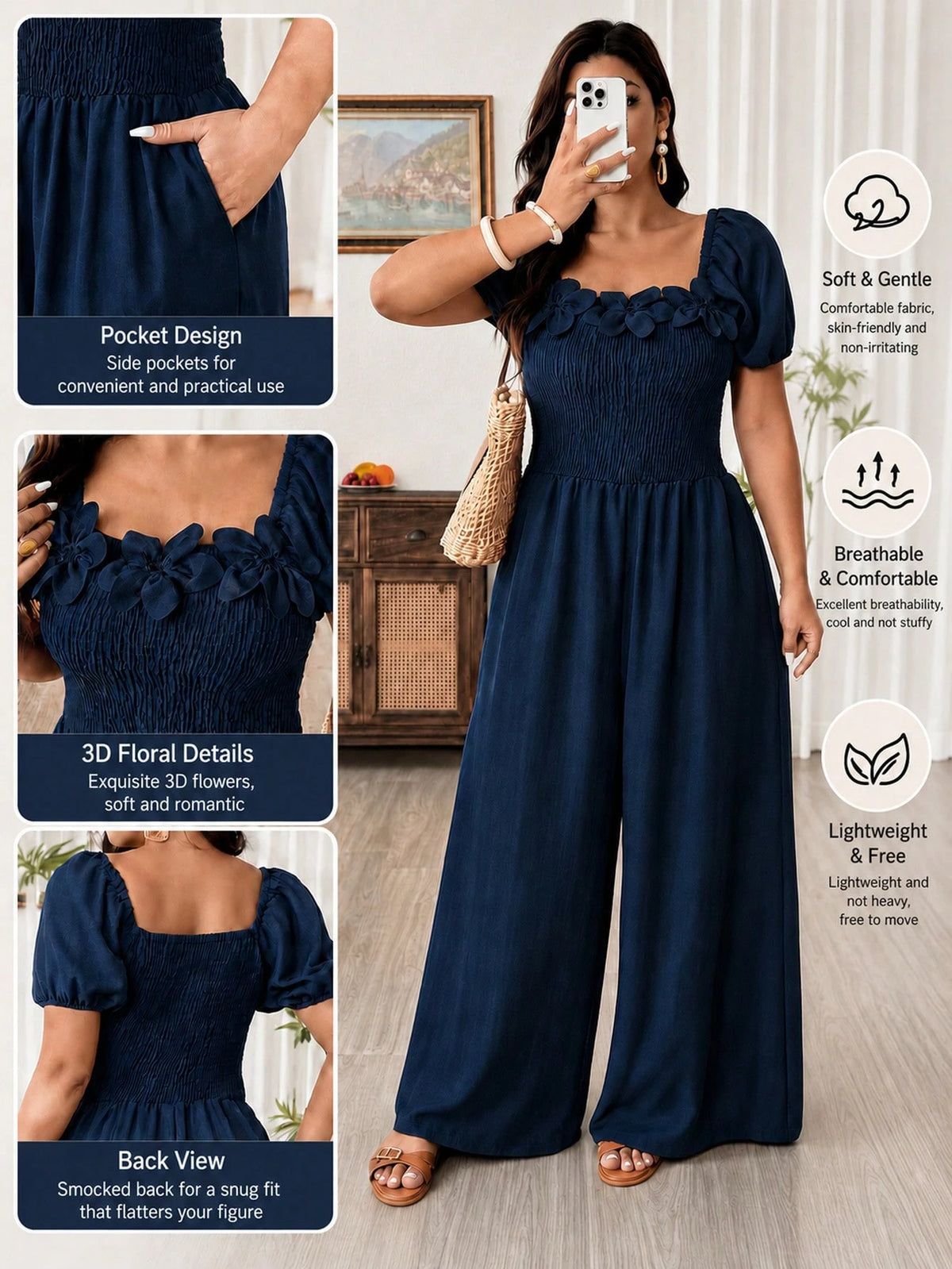 Weeklong Plus Size Women Square Neck Floral Decor Short Sleeve Jumpsuit With Pockets, Casual Vacation Outfit