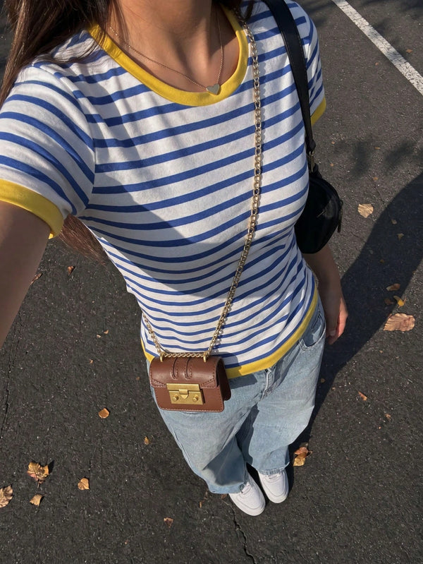 Women's Blue Striped Contrast Color Cropped Top, Y2K Bright Color Short Sleeve Fitted T-Shirt, Suitable For Summer Beach Party Festival