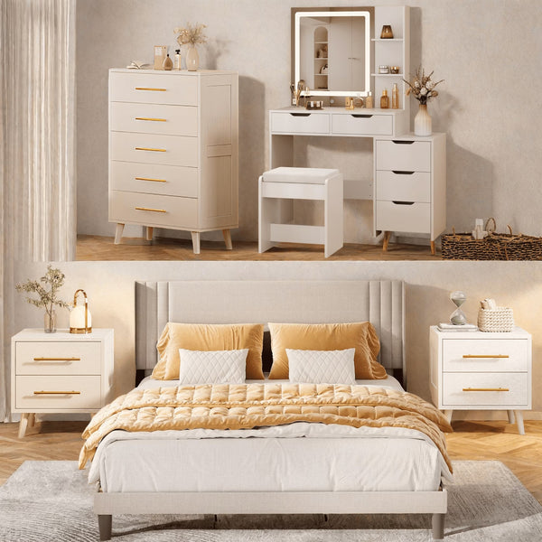 Bedroom Furniture Set with Queen Bed Frame, 2 Nightstands, 5-Drawer Dresser and Vanity Desk, Modern Beige/White Storage Set