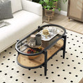 2-Tier Oval Boho Coffee Table with Tempered Glass Top, Rattan Shelf & Acacia Wood Frame, Mid Century Modern Center Table for Living Room Office