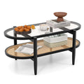 2-Tier Oval Boho Coffee Table with Tempered Glass Top, Rattan Shelf & Acacia Wood Frame, Mid Century Modern Center Table for Living Room Office