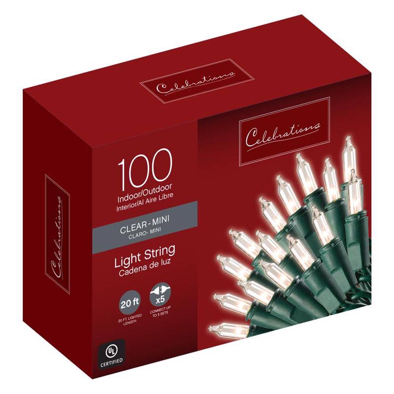 Celebrations Indoor/Outdoor Mini Lights, 100 Bulbs, Clear with Green Wire, 22.5'