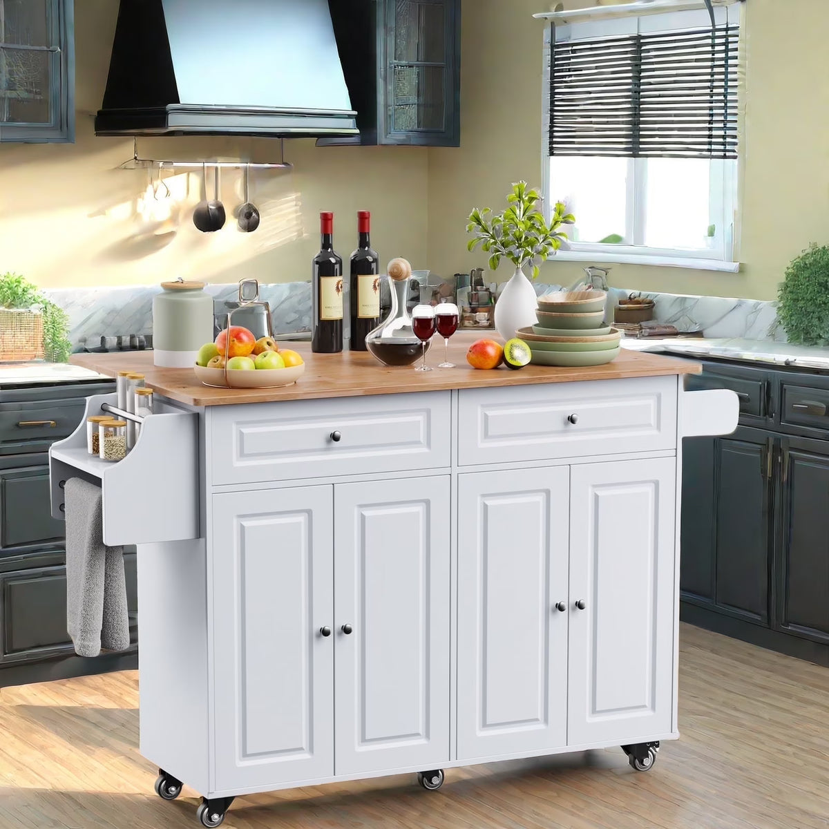 Lofka 52 Inch Kitchen Island with Storage on Wheels with Wood Drop Leaf, Ideal for Small Kitchens