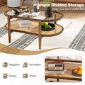 2-Tier Oval Boho Coffee Table with Tempered Glass Top, Rattan Shelf & Acacia Wood Frame, Mid Century Modern Center Table for Living Room Office