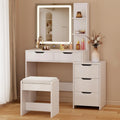 Bedroom Furniture Set - Includes Queen Bed Frame, Nightstands Set of 2, 5 - Drawer Dresser & Vanity Desk - Modern Storage Solution for Stylish Home Decor, Beige/White