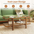 2-Tier Rattan Coffee Table, 47.5" Solid Wood Rectangle Tea Table with Tempered Glass Top & Storage Shelf, Farmhouse Boho Center Table for Living Room