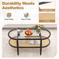 2-Tier Oval Boho Coffee Table with Tempered Glass Top, Rattan Shelf & Acacia Wood Frame, Mid Century Modern Center Table for Living Room Office